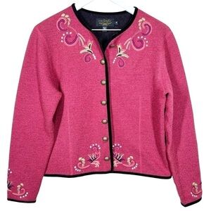 Icelandic Design 100% Wool Floral Embroidered Button Jacket Women’s Small Pink